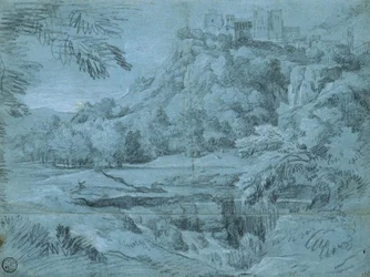 Landschaft mit Bergstadt und Wasserfall